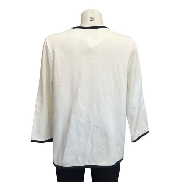 Bob Mackie White Knit Button Down Cardigan Black Wavy Trim Wearable Art M NEW - Picture 5 of 10